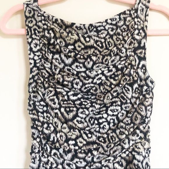 Ann Taylor Black Cream Animal Print Tank Dress Ruched Top Sleeveless Size 2 - Picture 3 of 7